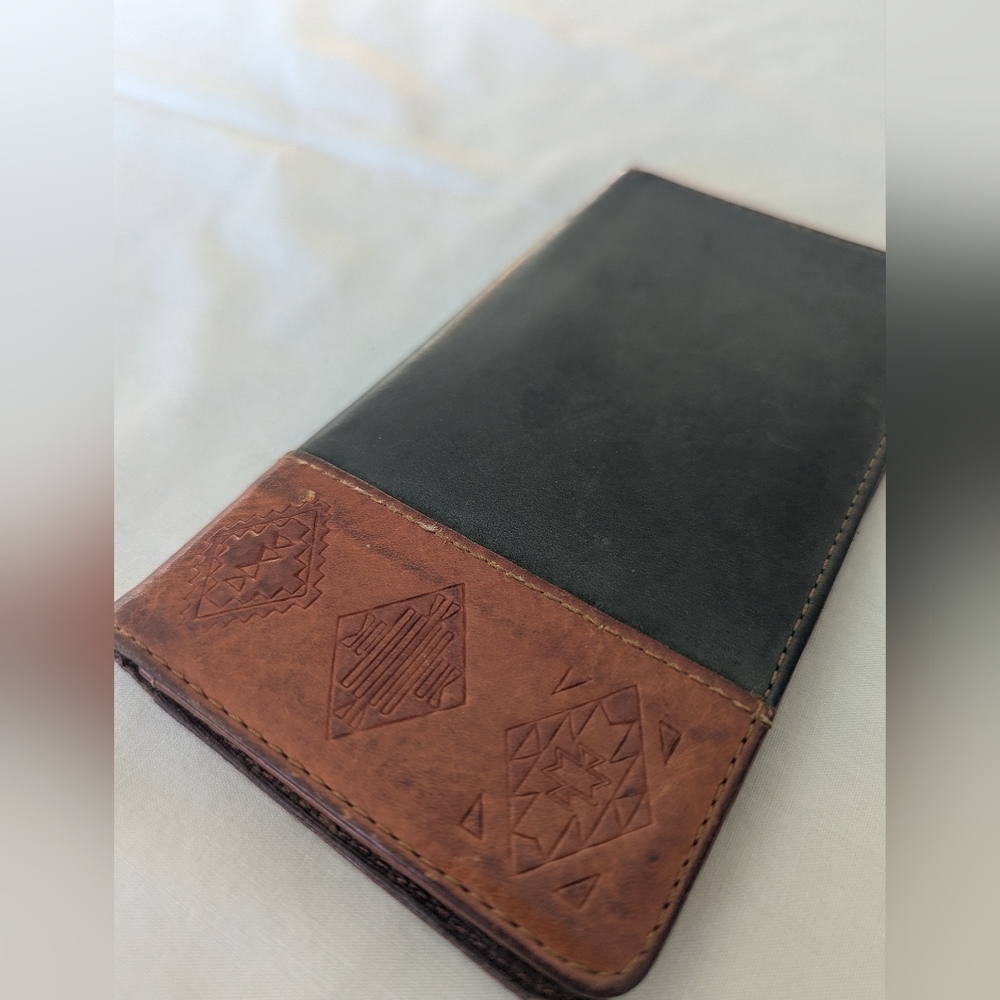 Leather Bi-fold Checkbook Wallet In Green And Brown With Aztec Design